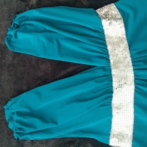 Deep V Teal Sequined Flowy Stretch Dress - Picture 2 of 13